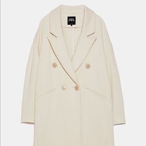 Zara Double Breasted Textured Coat in Ecru Cream